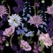 Seamless patterns with dahlia, delphinium, gladiolus flowers and leaves in violet and blue colors on black background.