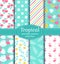 Seamless patterns with flamingos, tropical leaves and flowers. Vector set