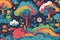 Seamless patterns of flowers and trees and rainbows, space themed, repeating patterns design, fabric art, rainbow