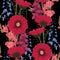 Seamless patterns with gerbera, delphinium, gladiolus flowers and leaves in red and blue violet colors on black background.