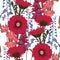 Seamless patterns with gerbera, delphinium, gladiolus flowers and leaves in red and blue violet colors on white background.