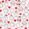 Seamless patterns. Holiday and cats in a Santa hat, a scarf, a birthday girls hat, with hearts, with a balloon, dancing and