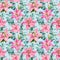 Seamless patterns of lilies flowers and eucalyptus leaves on an isolated blue background. Watercolor floral