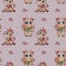 Seamless patterns. A little goby  a boy with a bouquet of tulips and a girl a cow with a tongue hanging out and bow on a light