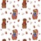Seamless patterns. Lovely animals. A bear with a scarf and a mug in his paws and a bear in Christmas clothes on a white