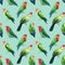 Seamless patterns. Parrots lovebirds on blue background, watercolor illustration.