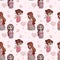 Seamless patterns with pregnant women. Happy pregnant brunette girls with hairstyle and long hair in pink dresses on a