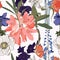 Seamless patterns with Rhododendron Oleander, delphinium, gladiolus and anemones flowers and leaves