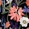 Seamless patterns with Rhododendron Oleander, delphinium, gladiolus and anemones flowers and leaves in violet and orange colors.