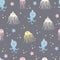 Seamless patterns with sea inhabitants. Cute starfishes, jellyfish and octopus on a gray background. Vector. For design