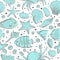 Seamless patterns with shell, starfish, fish, stone. Vector set for design in sea beach style. Blue exotic underwater