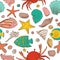 Seamless patterns with shell, starfish, fish, stone. Vector set for design in sea beach style. Colored exotic shells