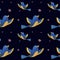 Seamless patterns. Spotted flying blue bird on a black background. Watercolor. Illustration for design, decor, textiles, wallpaper