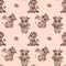 Seamless patterns. Three Little cute animals - boys bulls with a rose and a bouquet of tulips and a cow girl with her tongue