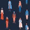 Seamless patterns of women in bright casual clothes. A group of diverse girls in blue, orange trendy robes against a dark