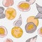 Seamless peach pattern with creative leaves decoration. Vector food plant flowers in scandinavian style. Great for