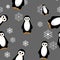 Seamless penguin pattern vector illustration with snowflakes on gray background