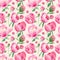 Seamless peonies pattern. Watercolor botanical illustration with pink peony flowers, bud, petals branches