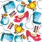 Seamless perfume pattern with shoes, lipstick and bags.