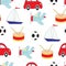 Seamless picture with toys for children with car, plane, the ship, a drum and a soccerball. A vector pattern.