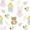 Seamless picture with toys for children. A vector pattern with a doll, a baby`s dummy, a pacifier, a ball, a hare, a bear .