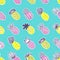 Seamless pineapple pattern. Handdrawn Pinapple with different textures in pastel colors on blue teal background. Exotic