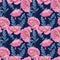 Seamless Pink Papaver Rhoeas Flowers with Blue Leaves Pattern
