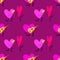 Seamless pink pattern with cartoon hearts. A lover plays a yellow guitar next to a heart-shaped character makes a proposal. Vector