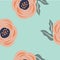 Seamless pink peach floral leaf pattern. Stylish repeating texture. Mint Teal background. Trendy. Botanical.