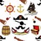 Seamless pirate symbols-swords, anchor, steering wheel, land mine, telescope, ship with black sails, hat, skull and bones, barrels