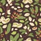 Seamless pistachio pattern with nuts, shells, branches and leaves. Endless texture with realistic pistaches on black