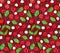 Seamless pizza ingredients pattern. Tomatoes, cheese, olives and basil on a red tomato sauce. Flat lay