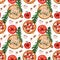 Seamless pizza pattern with mushrooms, tomatoes, olives and arugula. Watercolor illustration for menus, recipes, kitchen