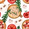 Seamless pizza pattern with mushrooms, tomatoes, olives and arugula. Watercolor illustration for menus, recipes, kitchen textiles