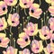 Seamless plants pattern on black background with colouful flowers , greeting card or fabric