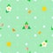 Seamless polka dot green flat background with strawberry flowers, tulips, leaves, flying butterflies.