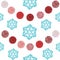 Seamless pompom pattern, christmass color red, pink on white background with blue snowflakes. Minimalist pattern