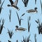 Seamless pond pattern with reeds and ducks.