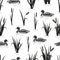 Seamless pond pattern with reeds and ducks. Vector black and white background