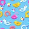 Seamless pool pattern. Unicorn, flamingo, duck, ball, donut cute floats in blue water. Vector illustration.