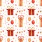 Seamless presents pattern. Watercolor background with gift boxes, balloon, vonfetti for wrapping paper, party decorations