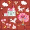 Seamless print for fabric or wallpaper for children. Patchwork background with castle, unicorns,butterflies, apple tree and clouds