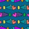 Seamless psychedelic fish vector pattern. Bright fishes in rows, pattern for textile, wrapping paper, backdrop