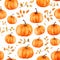 Seamless pumpkins background. Illustration on white background, assortment of different flowers and plants. Cute print with summer