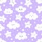 Seamless purple smiling stars and clouds pattern for baby pajamas fabric. Happy sleeping smile star sky. Vector
