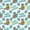 Seamless raccoon pattern in flat graphics. Vector Illustration. Raccoon in a scarf on a blue background with Christmas