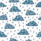 Seamless rainy pattern with doodle clouds and rain drops