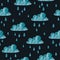 Seamless rainy vector pattern with watercolor clouds and rain drops
