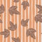 Seamless random autumn pattern with brown leaf silhouettes. Striped coral and grey background