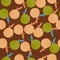 Seamless random patten with decorative apple ornament. Green and orange fruits on brown background